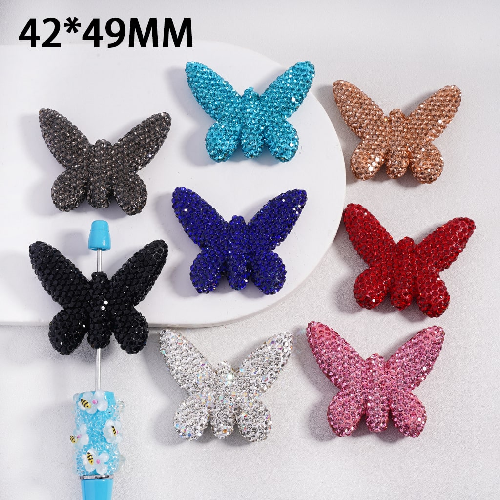 Clay Beads in Butterfly Shape Covered with Rhinestones, Random Mix, 42*49MM