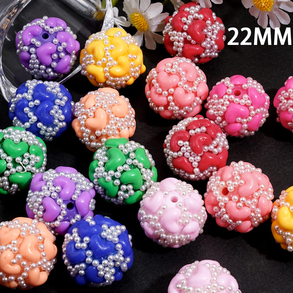 Acrylic Beads with Hearts and White Pearls, 22MM, Multi-Color