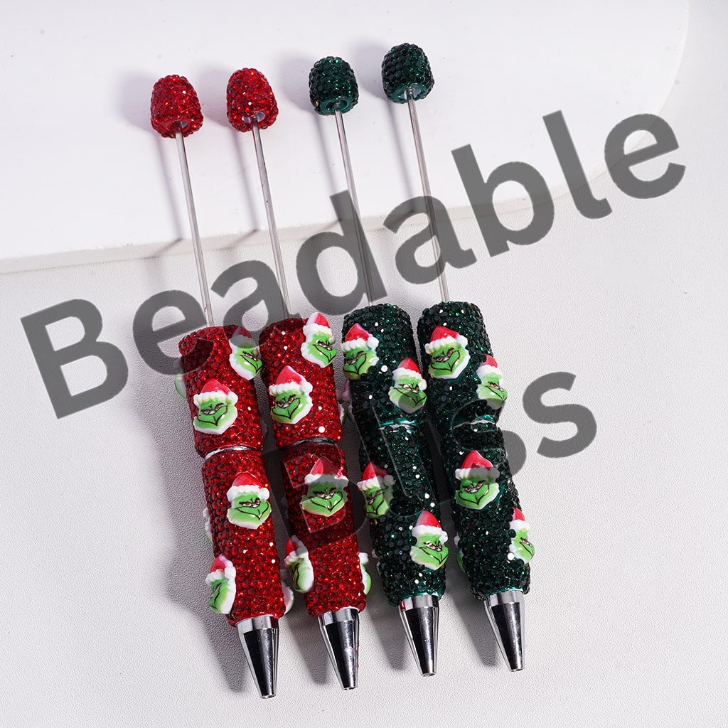 Beadable Clay Pen Green Character with Christmas Hat Red Green Rhinestones