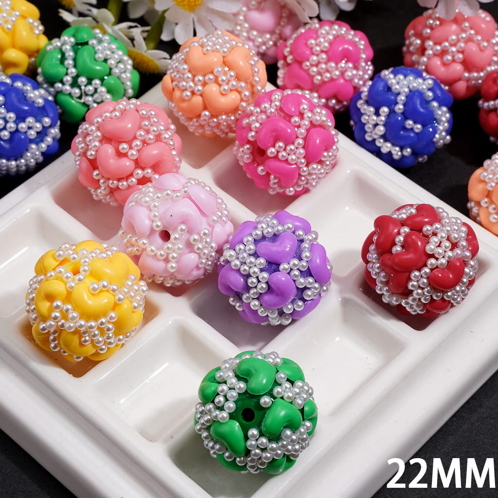 Acrylic Beads with Hearts and White Pearls, 22MM, Multi-Color