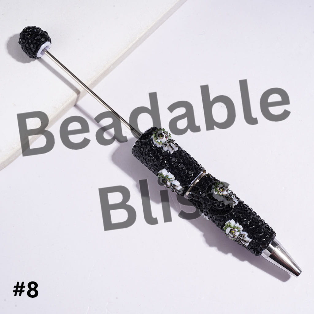 Beadable Clay Pens with Halloween Horror Character Series and Black Rhinestones Covered the Entire Pen
