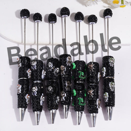 Beadable Clay Pens with Halloween Horror Character Series and Black Rhinestones Covered the Entire Pen