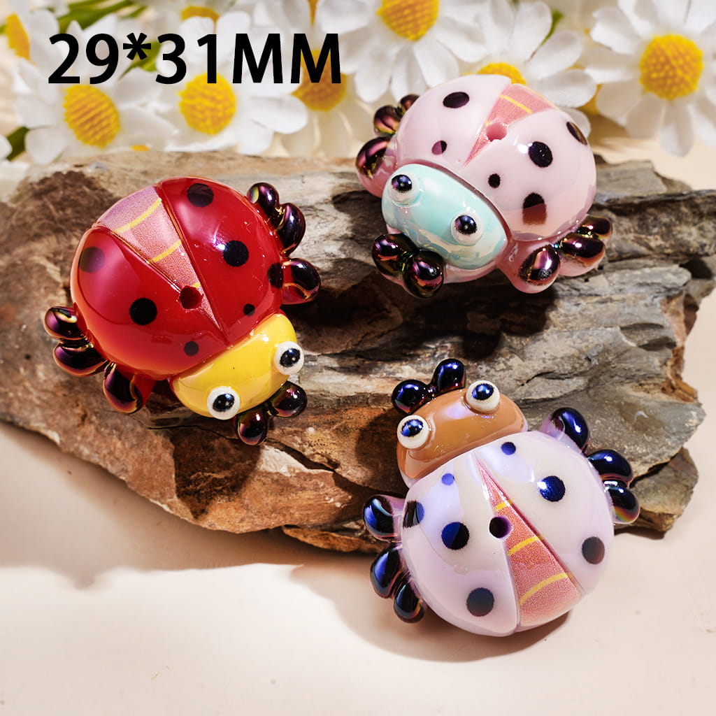 Acrylic Beads UV Coating Cute Ladybug Series, 29*31MM, Multi-Color, Random Mix