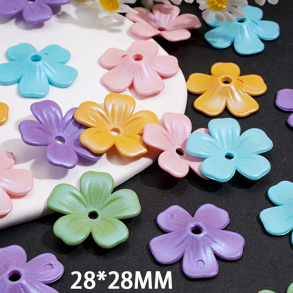 UV Coating Five-Petaled Flower Series Acrylic Beads, 28*28MM, Multi-Color, Random Mix