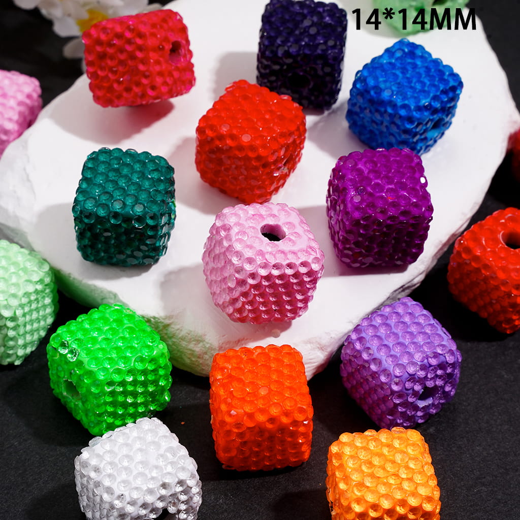 Clay Beads with Bubble Texture, Clear Rhinestones, Cube Square Shape, Fluorescent 14*14MM, Random Mix