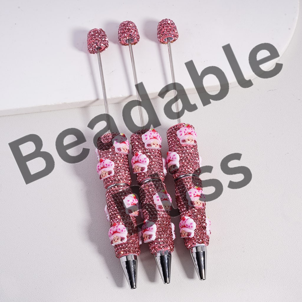 Beadable Clay Pen Cute Strawberry Girl Series with Fancy Pink Rhinestones