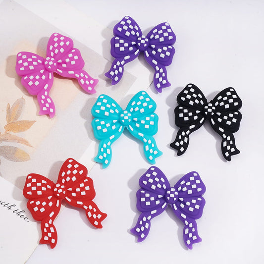 Silicone Focal Beads Bowtie Bowknot with White Checkered, Multi-Color