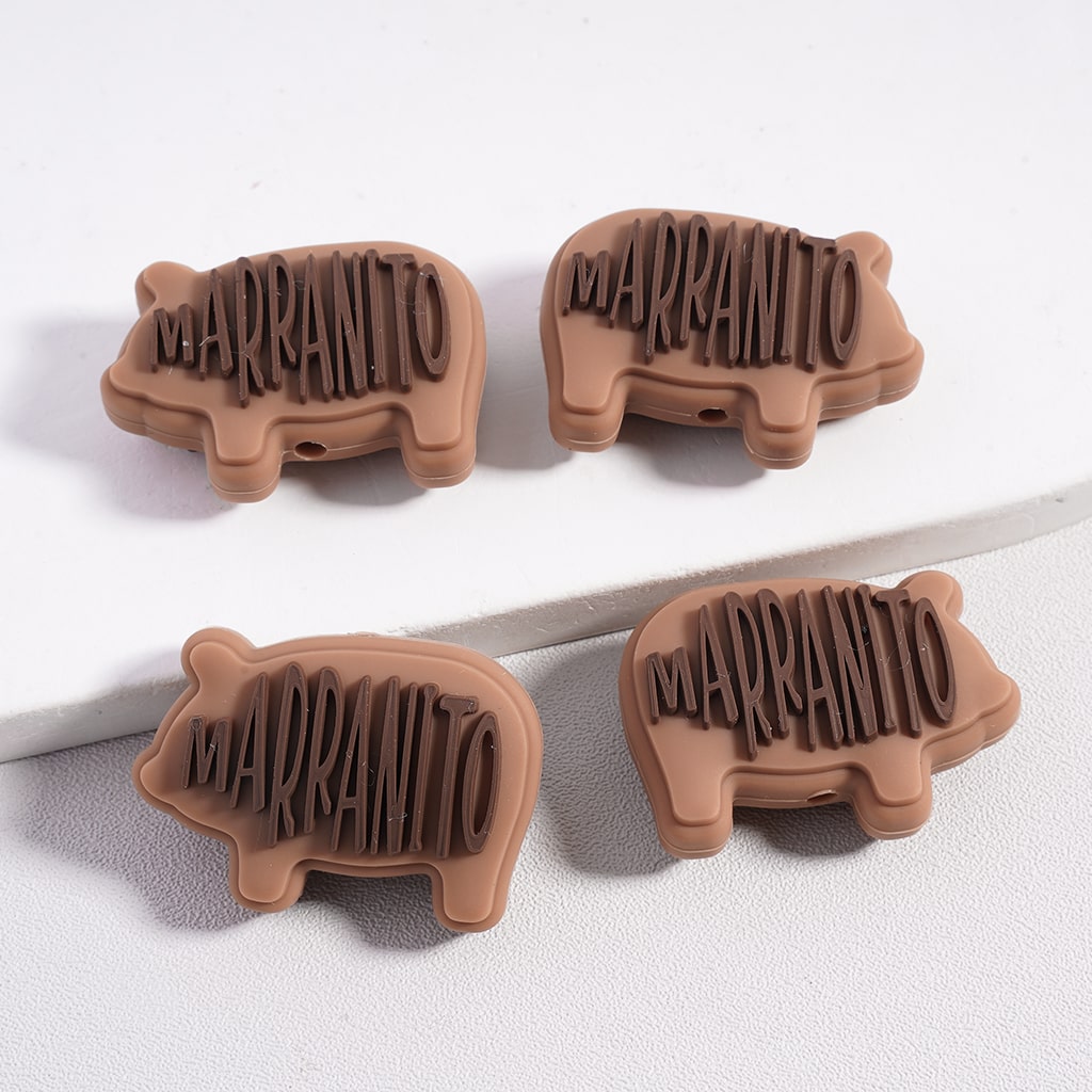 Silicone Focal Beads 3D Brown Marranito Text on Piglet