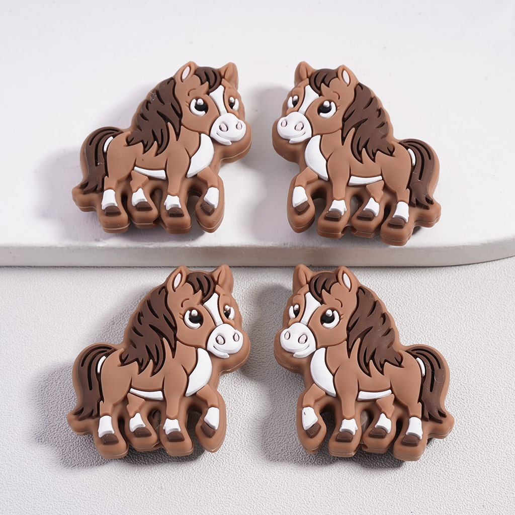Silicone Focal Beads Horse Series with Brown Mane and Tail in Various Colors, Pony