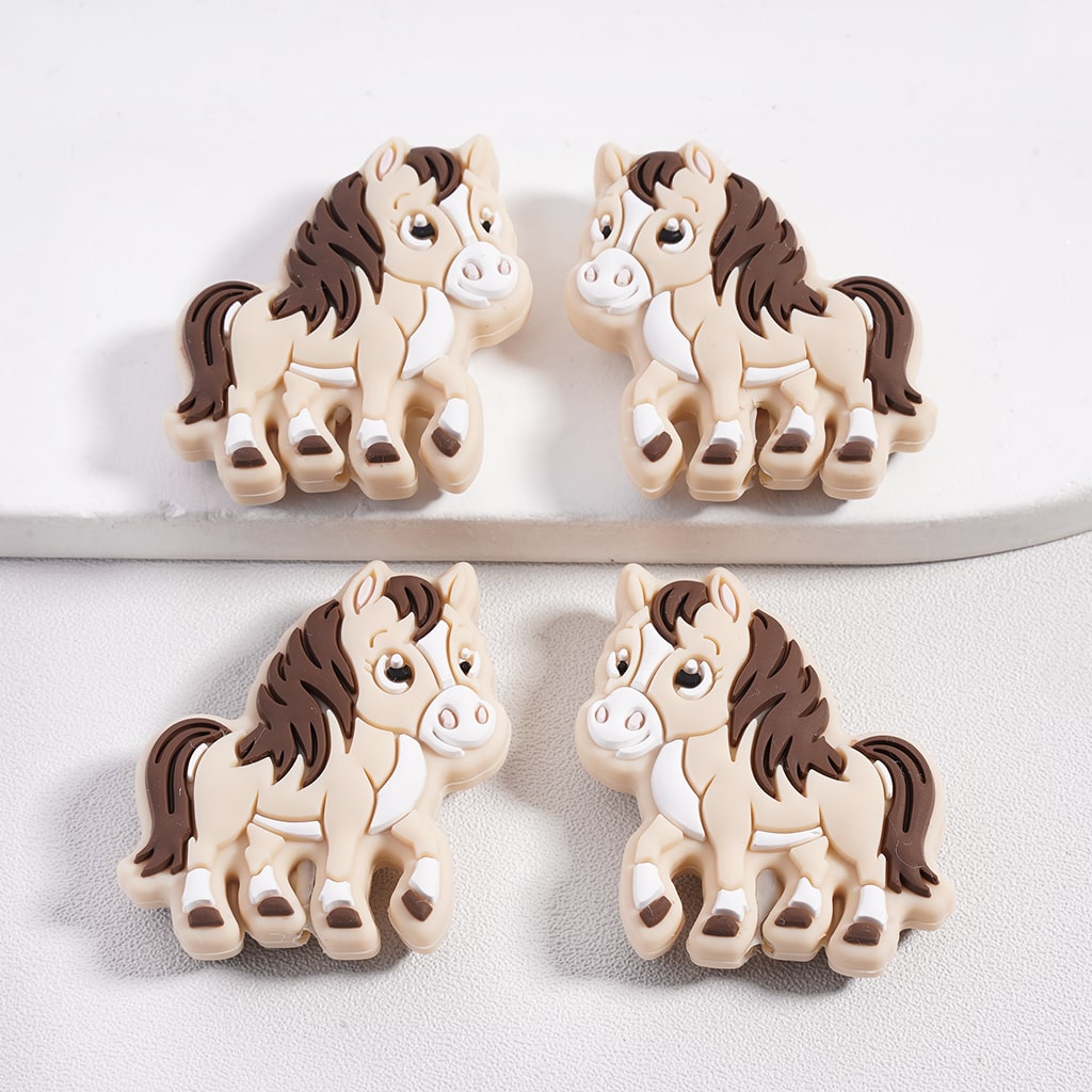 Silicone Focal Beads Horse Series with Brown Mane and Tail in Various Colors, Pony