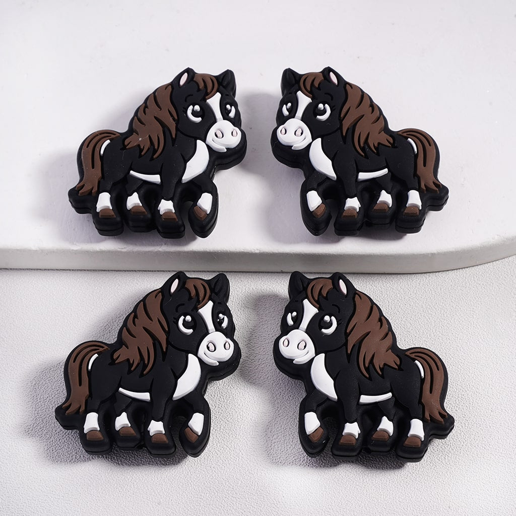 Silicone Focal Beads Horse Series with Brown Mane and Tail in Various Colors, Pony