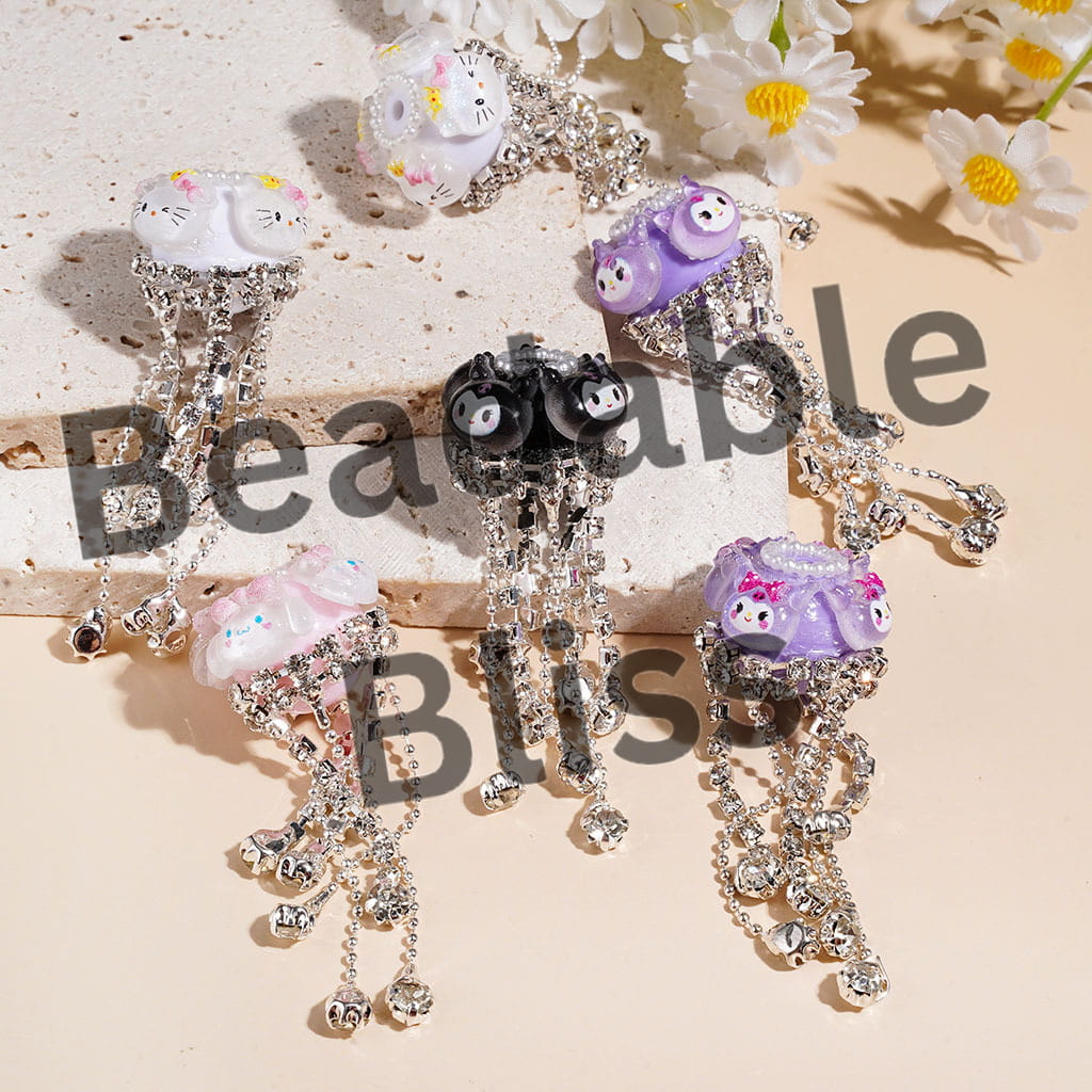 Handcrafted Acrylic Beads with Various Adorable Character Decorations, Clear Rhinestone Tassel Chains & White Pearl Loop, Random Mix