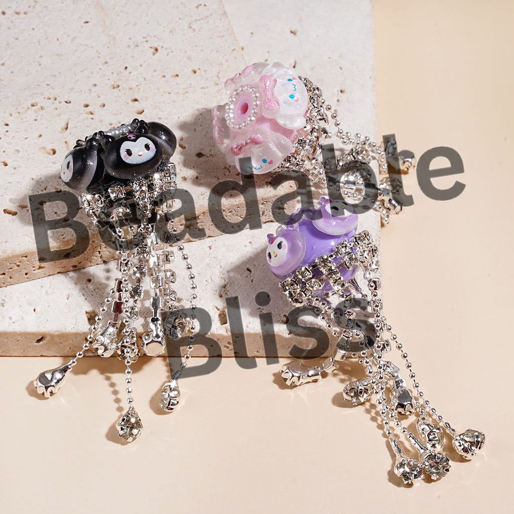 Handcrafted Acrylic Beads with Various Adorable Character Decorations, Clear Rhinestone Tassel Chains & White Pearl Loop, Random Mix