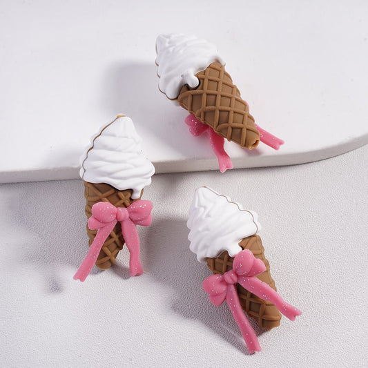 Silicone Focal Beads 3D Vanilla Ice-cream Cone with Pink Bowtie Silver Glitter