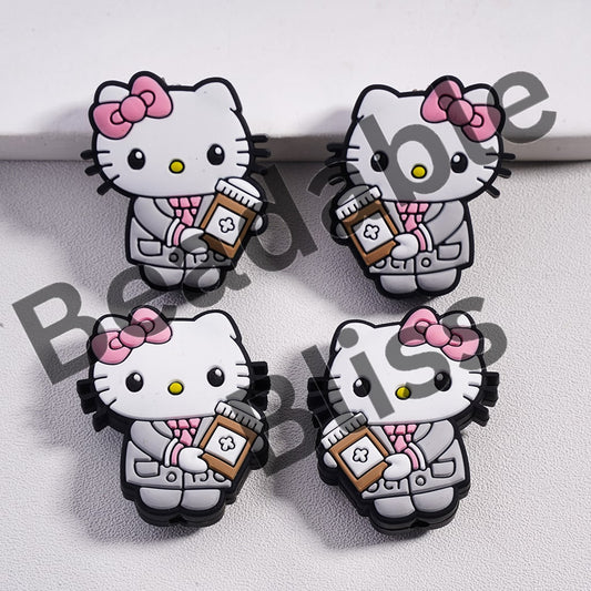 Silicone Focal Beads Beautiful Cat in Nurse Costume Holding Box with Pink Bowtie