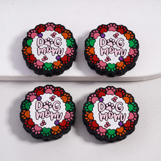 Silicone Focal Beads Dog Mom Text Circled in Multicolor Dog Paw Prints