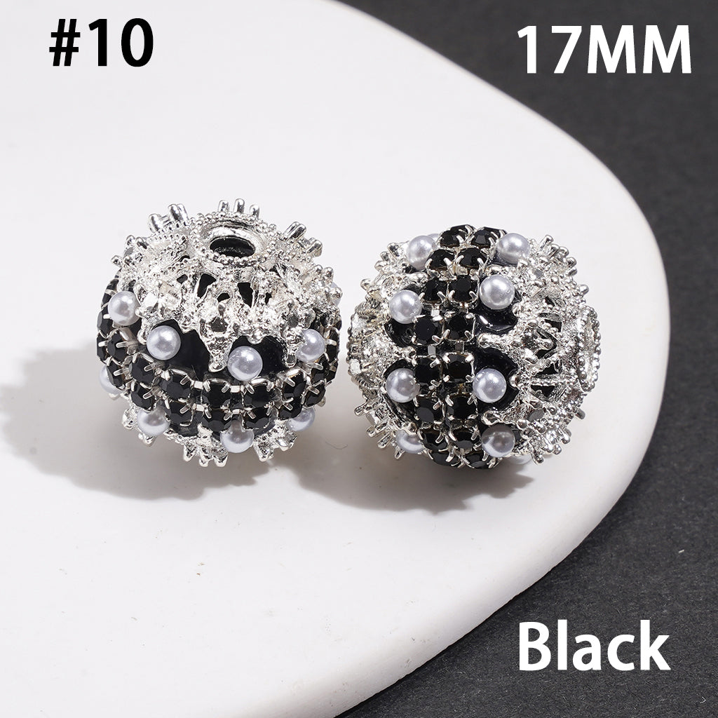 Hand Made Acrylic Beads w Silver Filigree, Double Layer Pearls & Clear Rhinestone Chain, 17MM, Multi-Color