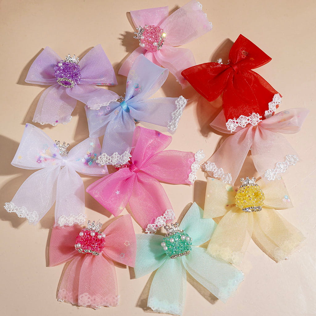Handmade Acrylic Sugar Beads w Silver Alloy Crown & Shiny Rhinestones White Pearls, Fabric Lace Bowknot w Stars Sequins, Random Mix Multi-Color