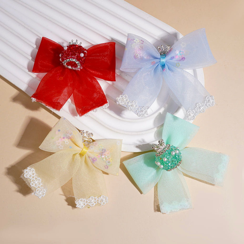 Handmade Acrylic Sugar Beads w Silver Alloy Crown & Shiny Rhinestones White Pearls, Fabric Lace Bowknot w Stars Sequins, Random Mix Multi-Color
