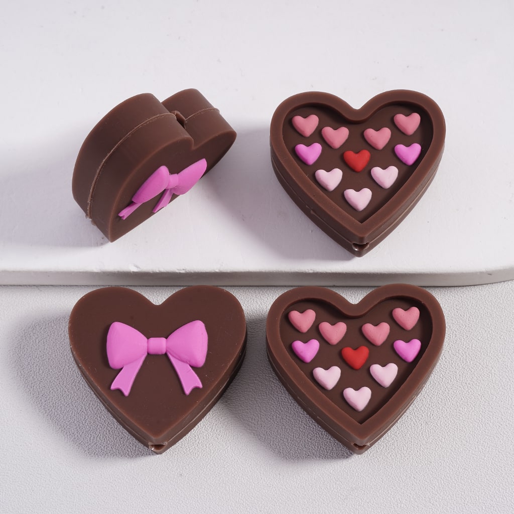 Silicone Focal Beads 3D Heart-Shaped Chocolate Box with White Red Rose Pink Hearts Pink Bowtie Valentine's Day