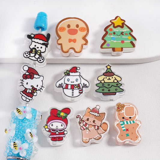 Acrylic Beads Hand-Drawn Cute Cat Characters her Friends Christmas Style, Random Mix