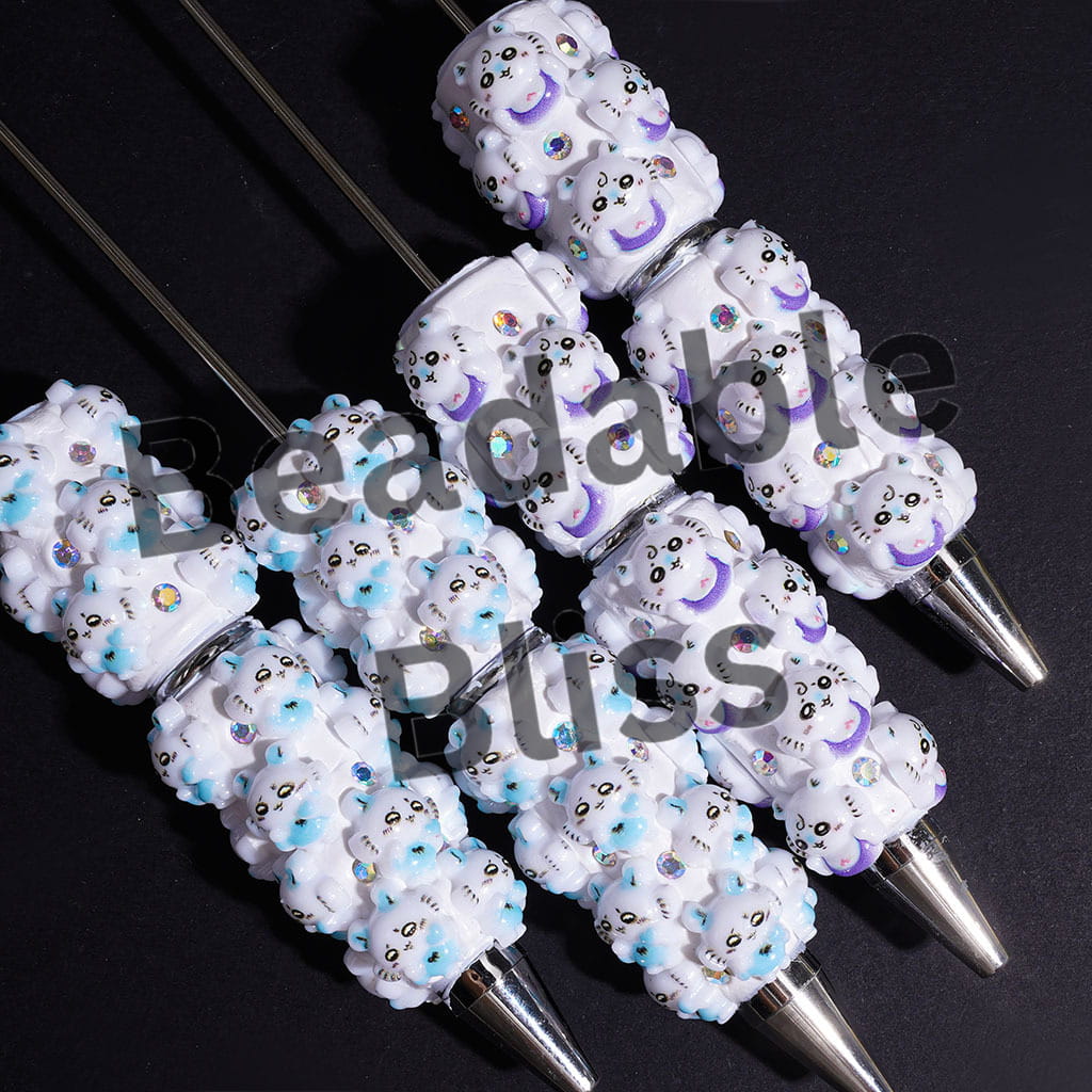 Beadable Clay Pens with Flying Squirrel Cartoon Characters and AB Rhinestones, Blue and Purple