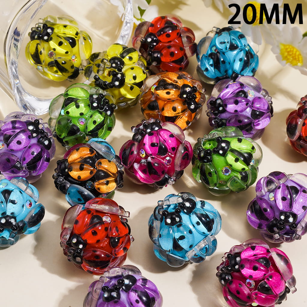 Clay Beads with Ladybug and AB Rhinestones, 20MM, Various Colors, Random Mix
