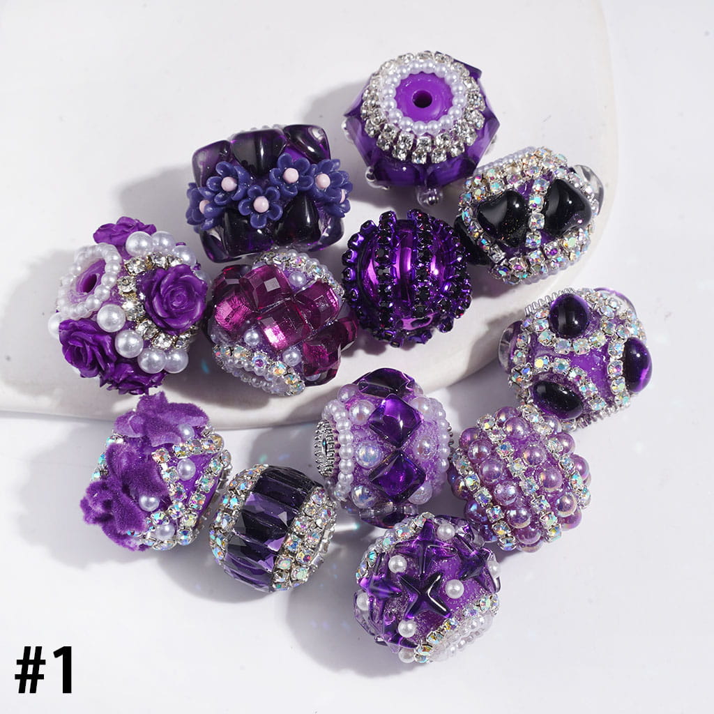 Handmade Acrylic Beads Series I with Crystal & Flower & Flocked Flufy Trim, White Pearl & Clear & AB|Rhinestones Chains, Multi-Color