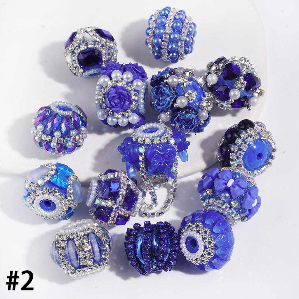 Handmade Acrylic Beads Series I with Crystal & Flower & Flocked Flufy Trim, White Pearl & Clear & AB|Rhinestones Chains, Multi-Color