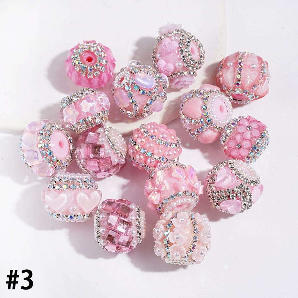 Handmade Acrylic Beads Series I with Crystal & Flower & Flocked Flufy Trim, White Pearl & Clear & AB|Rhinestones Chains, Multi-Color