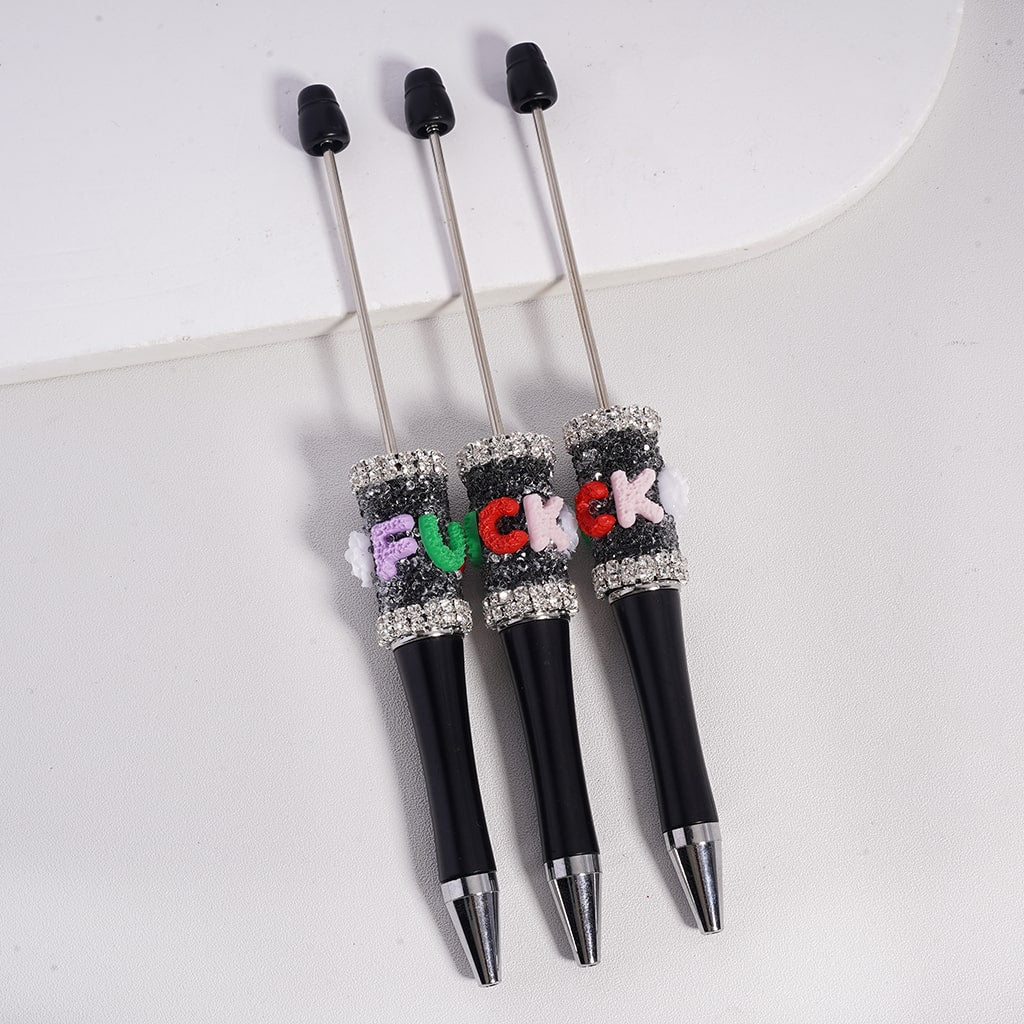 Sugar Beadable Pen with Humor Text, White & Black Rose Flowers, Clear Rhinestones Chains
