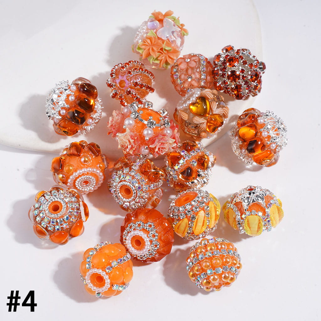 Handmade Acrylic Beads Series I with Crystal & Flower & Flocked Flufy Trim, White Pearl & Clear & AB|Rhinestones Chains, Multi-Color