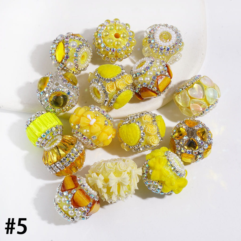 Handmade Acrylic Beads Series I with Crystal & Flower & Flocked Flufy Trim, White Pearl & Clear & AB|Rhinestones Chains, Multi-Color