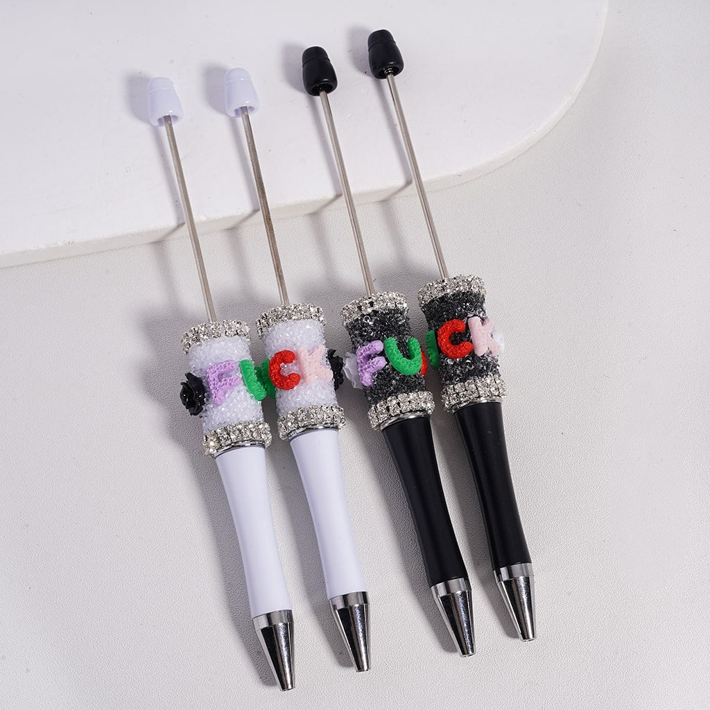 Sugar Beadable Pen with Humor Text, White & Black Rose Flowers, Clear Rhinestones Chains