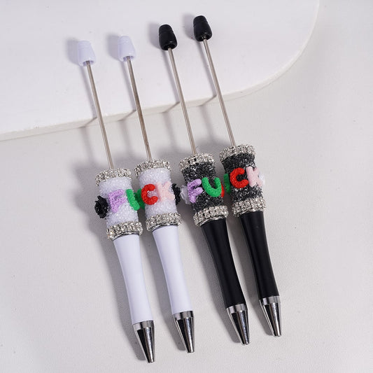 Sugar Beadable Pen with Humor Text, White & Black Rose Flowers, Clear Rhinestones Chains