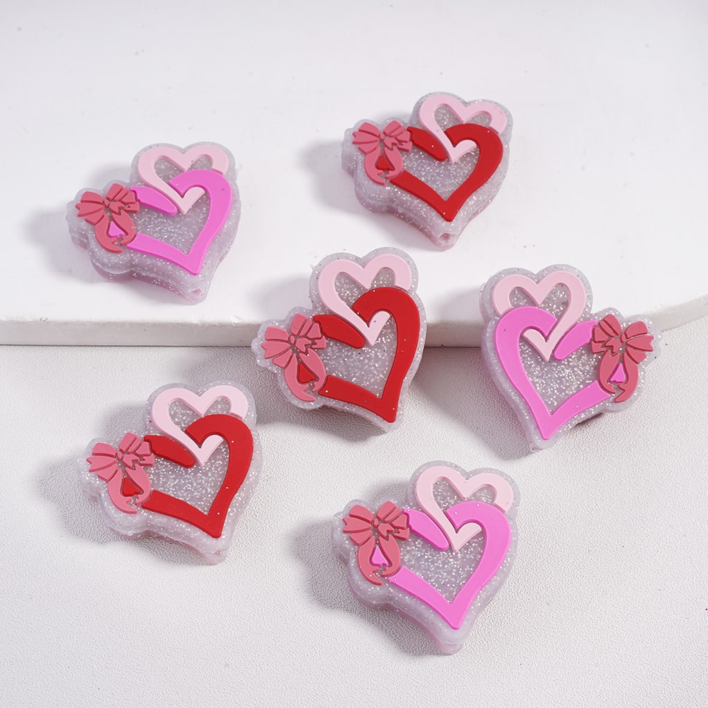 Silicone Focal Beads Double-Ring Hearts with Rose Red Bowtie Silver Glitter Valentine's Day