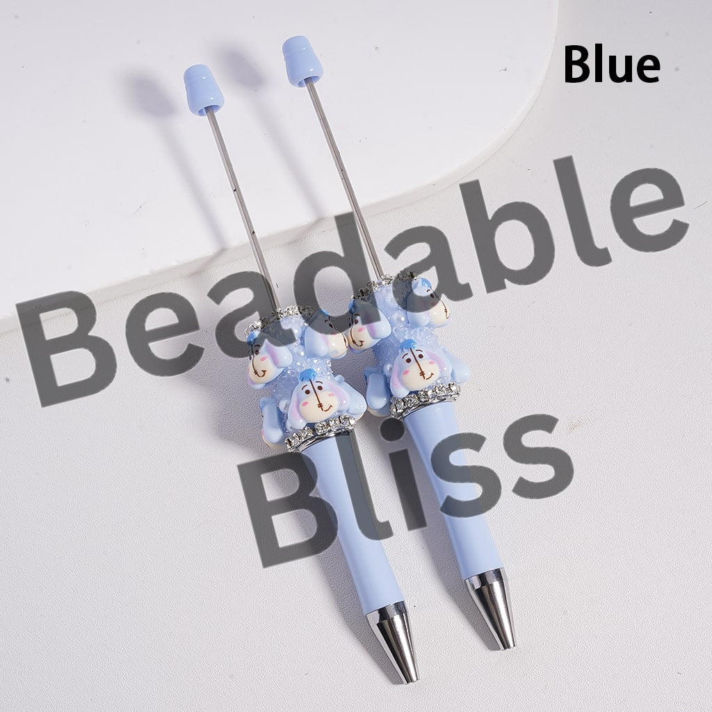 Sugar Beadable Pen w Cute Animal Characters Series, White Pearls & Clear Rhinestones Chains