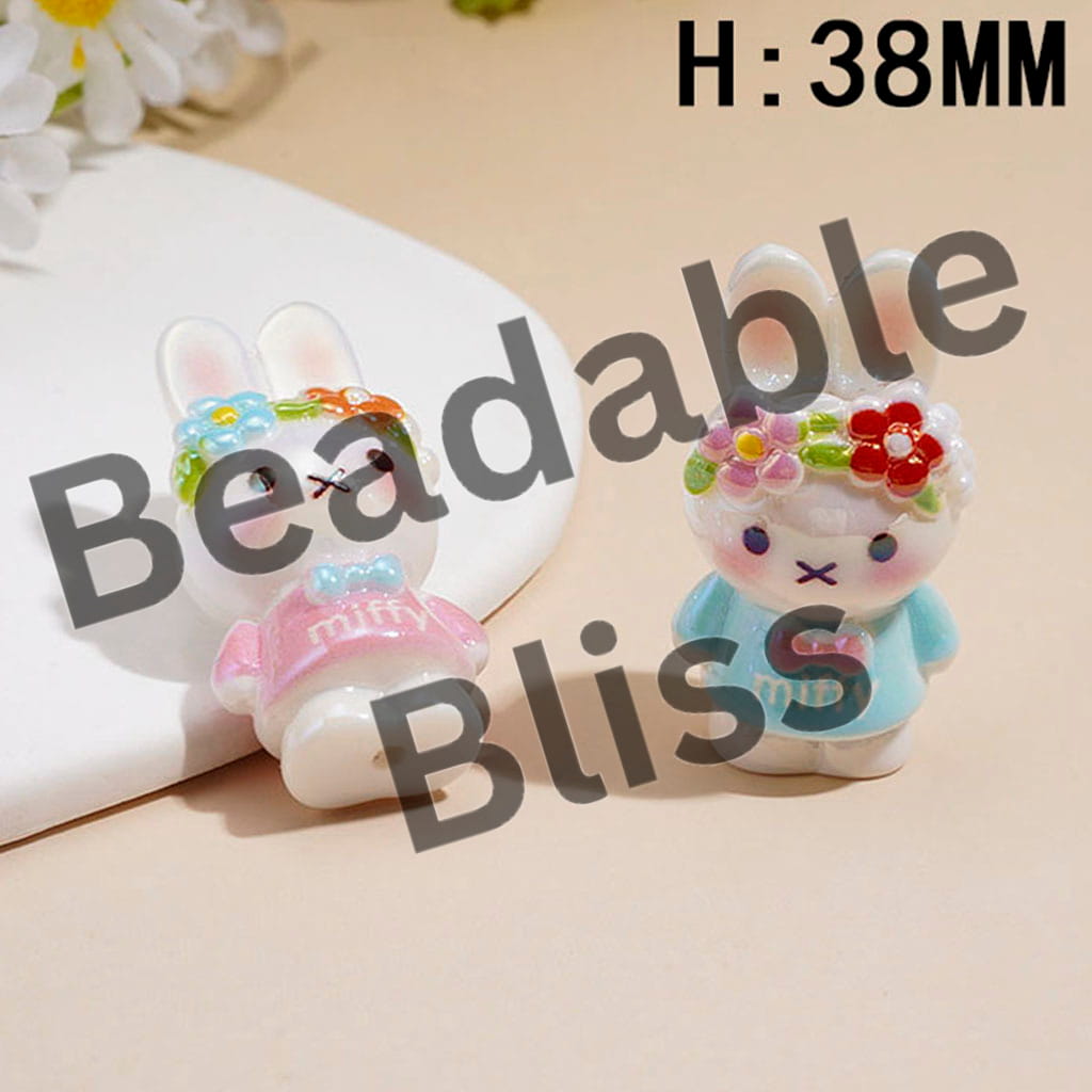 UV Coating Classic Bunny Character with Floral Head Crown Acrylic Beads, Height 38MM, Random Mix