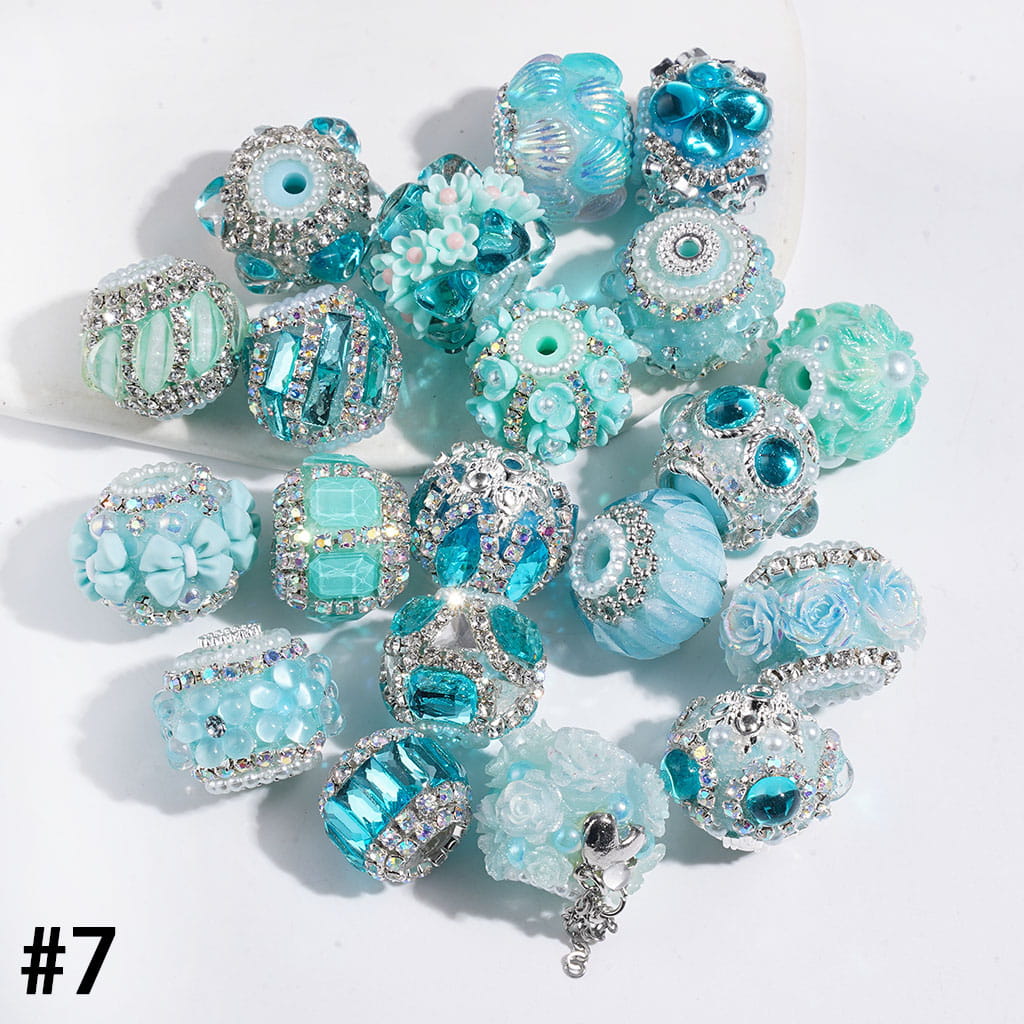 Handmade Acrylic Beads Series I with Crystal & Flower & Flocked Flufy Trim, White Pearl & Clear & AB|Rhinestones Chains, Multi-Color