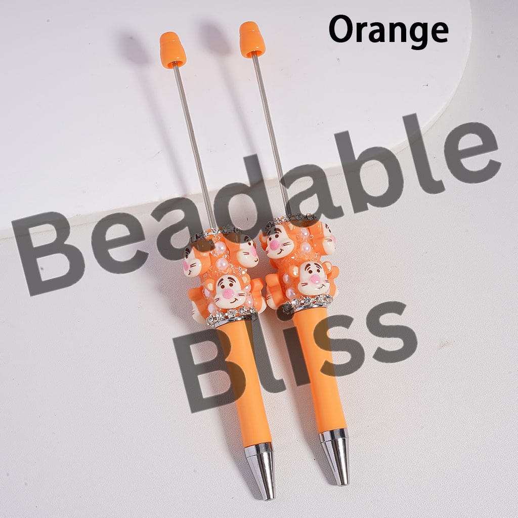 Sugar Beadable Pen w Cute Animal Characters Series, White Pearls & Clear Rhinestones Chains