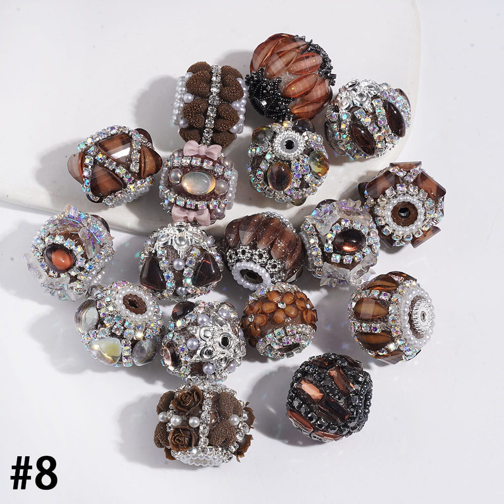 Handmade Acrylic Beads Series I with Crystal & Flower & Flocked Flufy Trim, White Pearl & Clear & AB|Rhinestones Chains, Multi-Color