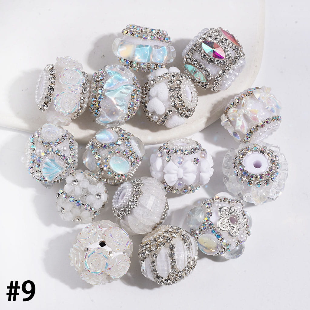 Handmade Acrylic Beads Series I with Crystal & Flower & Flocked Flufy Trim, White Pearl & Clear & AB|Rhinestones Chains, Multi-Color