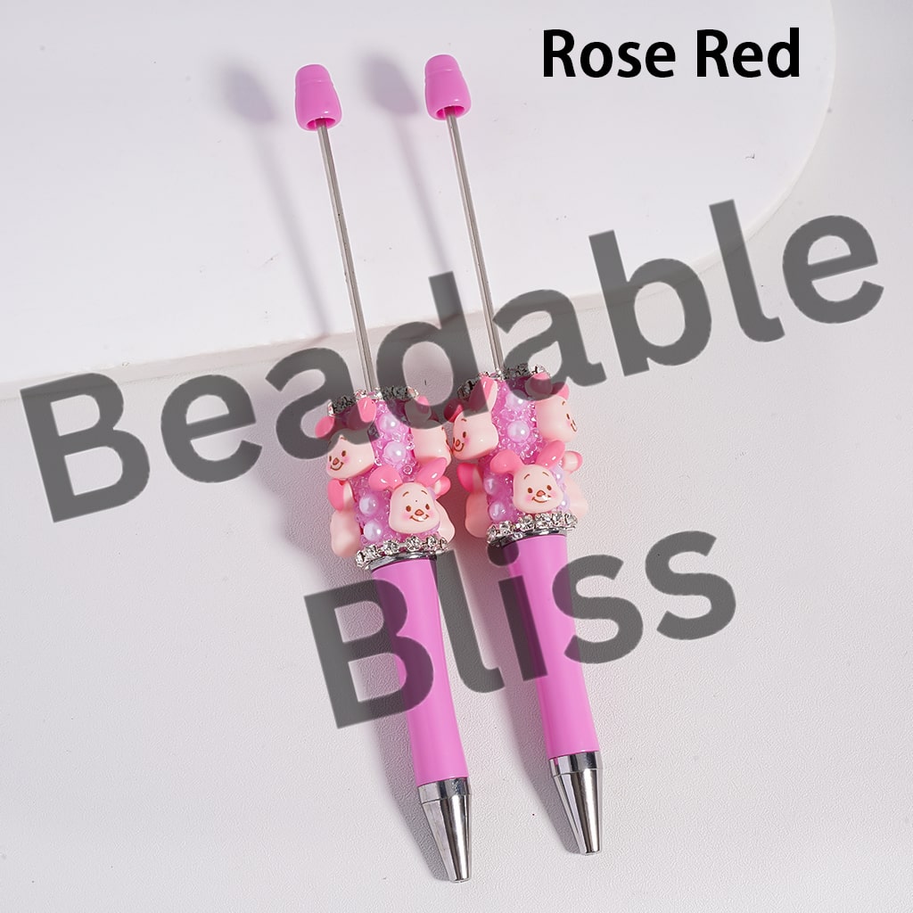 Sugar Beadable Pen w Cute Animal Characters Series, White Pearls & Clear Rhinestones Chains