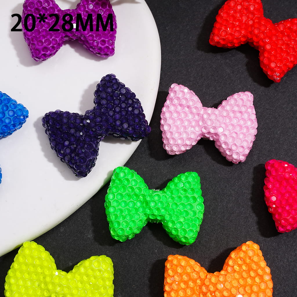 Fluorescent Bow Clay Beads with Clear Rhinestones, 20*28MM, Random Mix