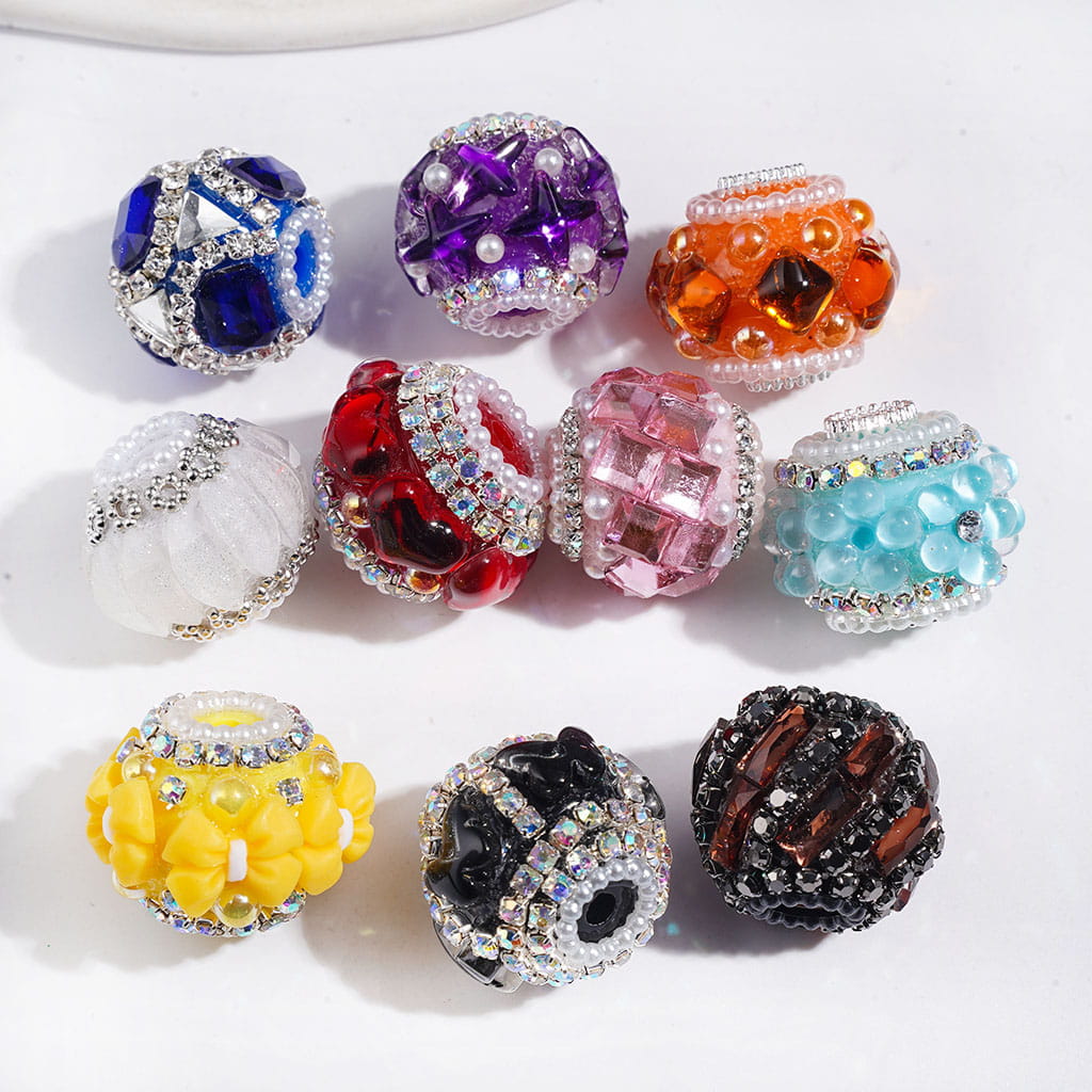 Handmade Acrylic Beads Series I with Crystal & Flower & Flocked Flufy Trim, White Pearl & Clear & AB|Rhinestones Chains, Multi-Color