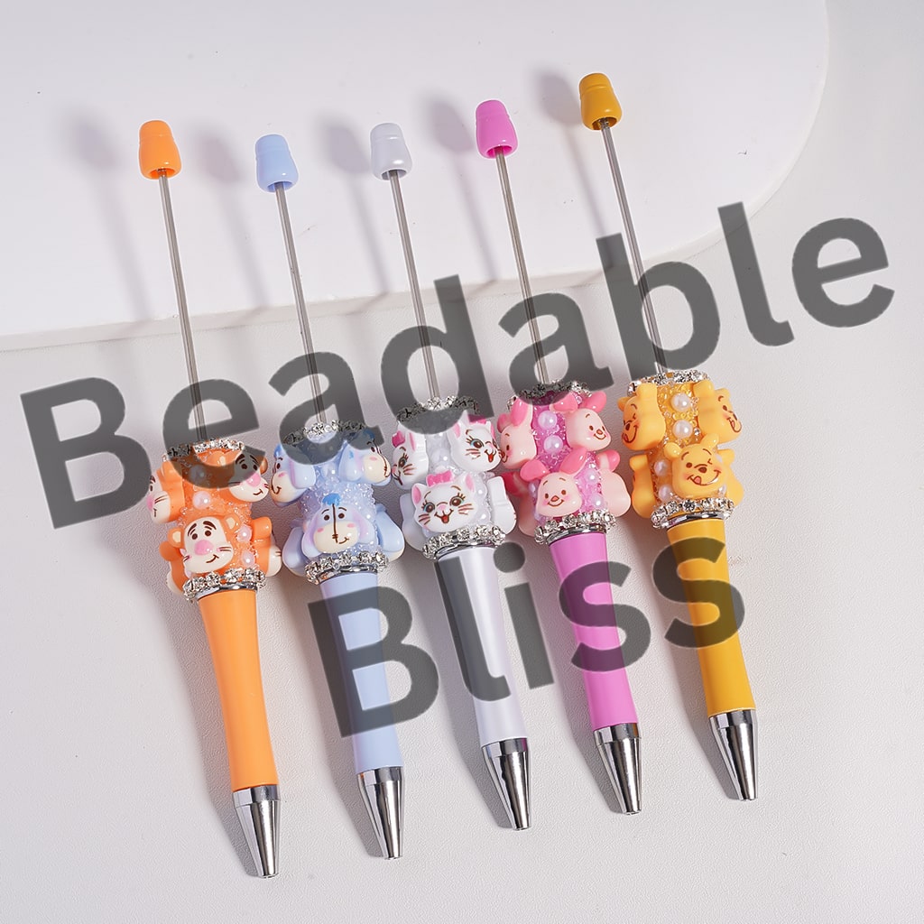 Sugar Beadable Pen w Cute Animal Characters Series, White Pearls & Clear Rhinestones Chains