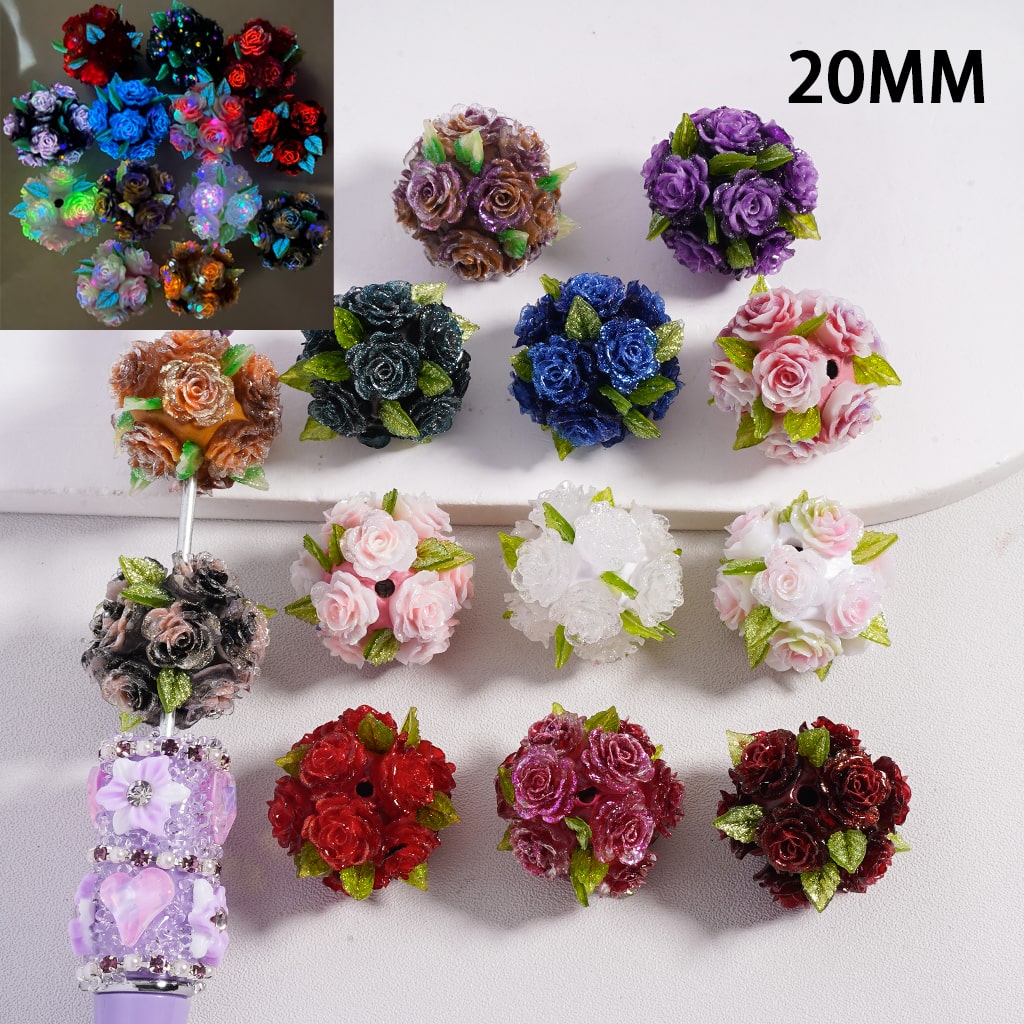 Clay Beads Luminous Glittery Rose Flower and Leaves, Multi-Color, Random Mix, 20MM