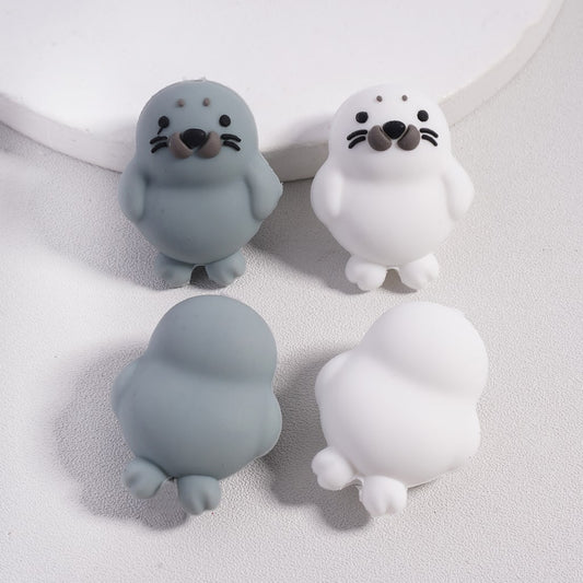 Silicone Focal Beads 3D Cute Seal Series, White and Gray Colors