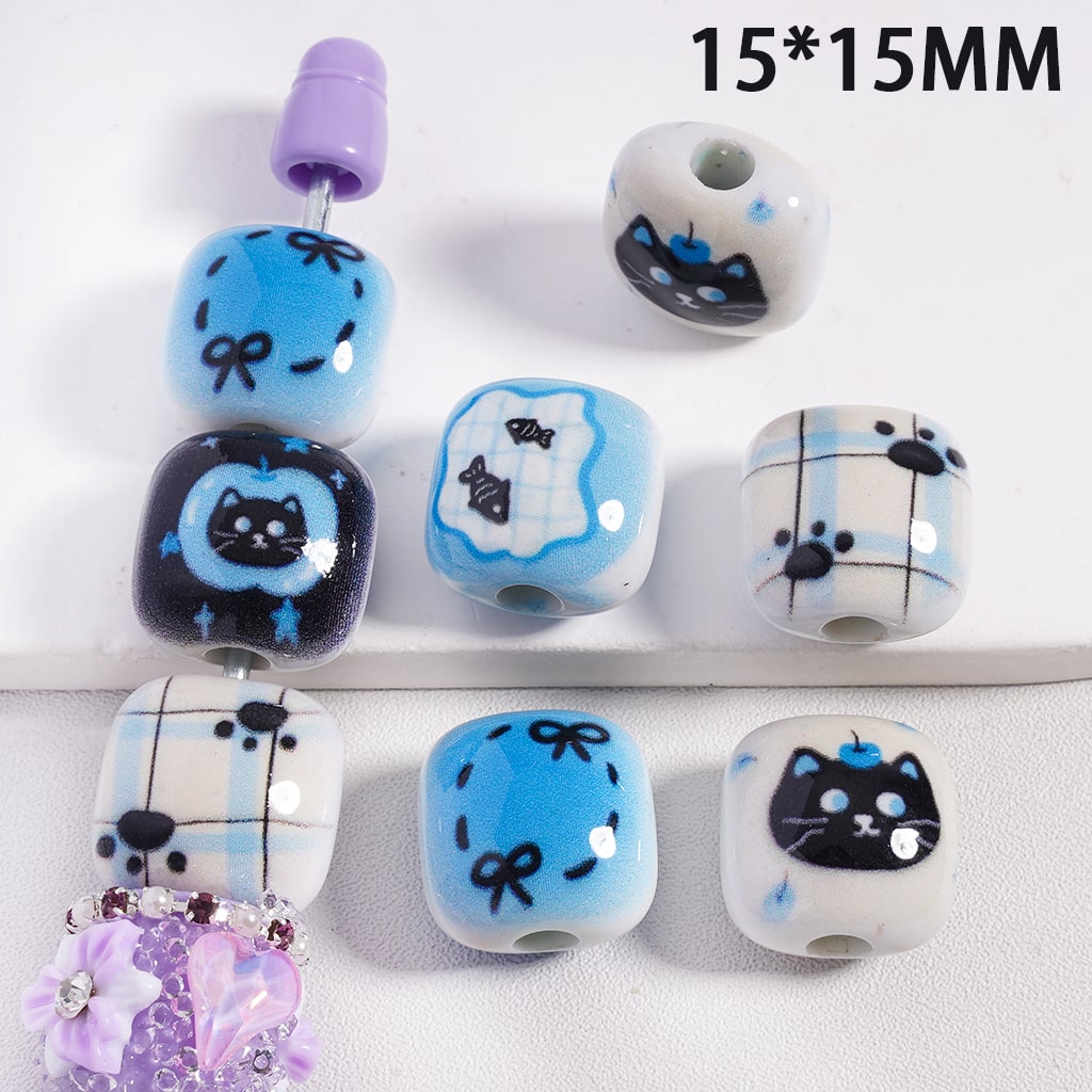 Acrylic Beads Dog Paws Prints Cat Fish Series, Curves Square Shape, Random Mix, 15*15MM