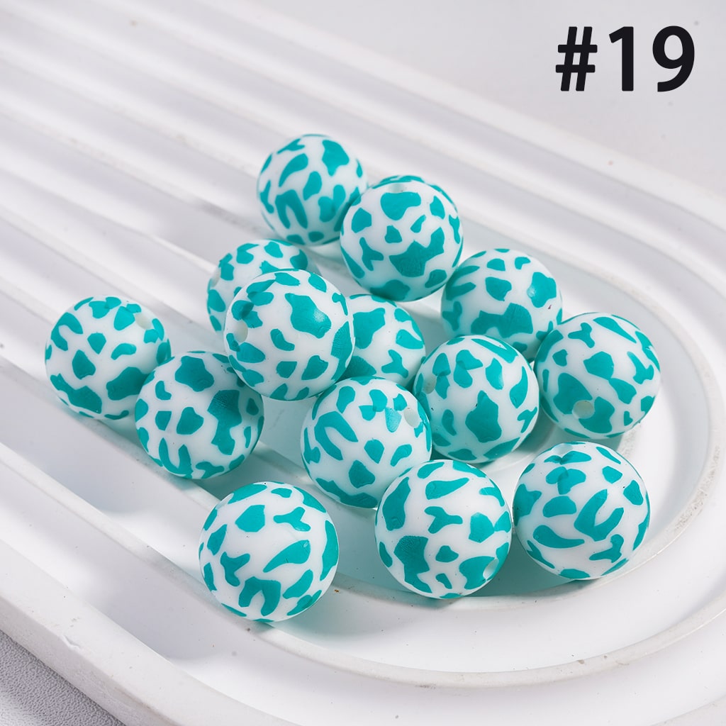 Multi- Color Cow Prints Silicone Beads 15MM, Number Z-00276
